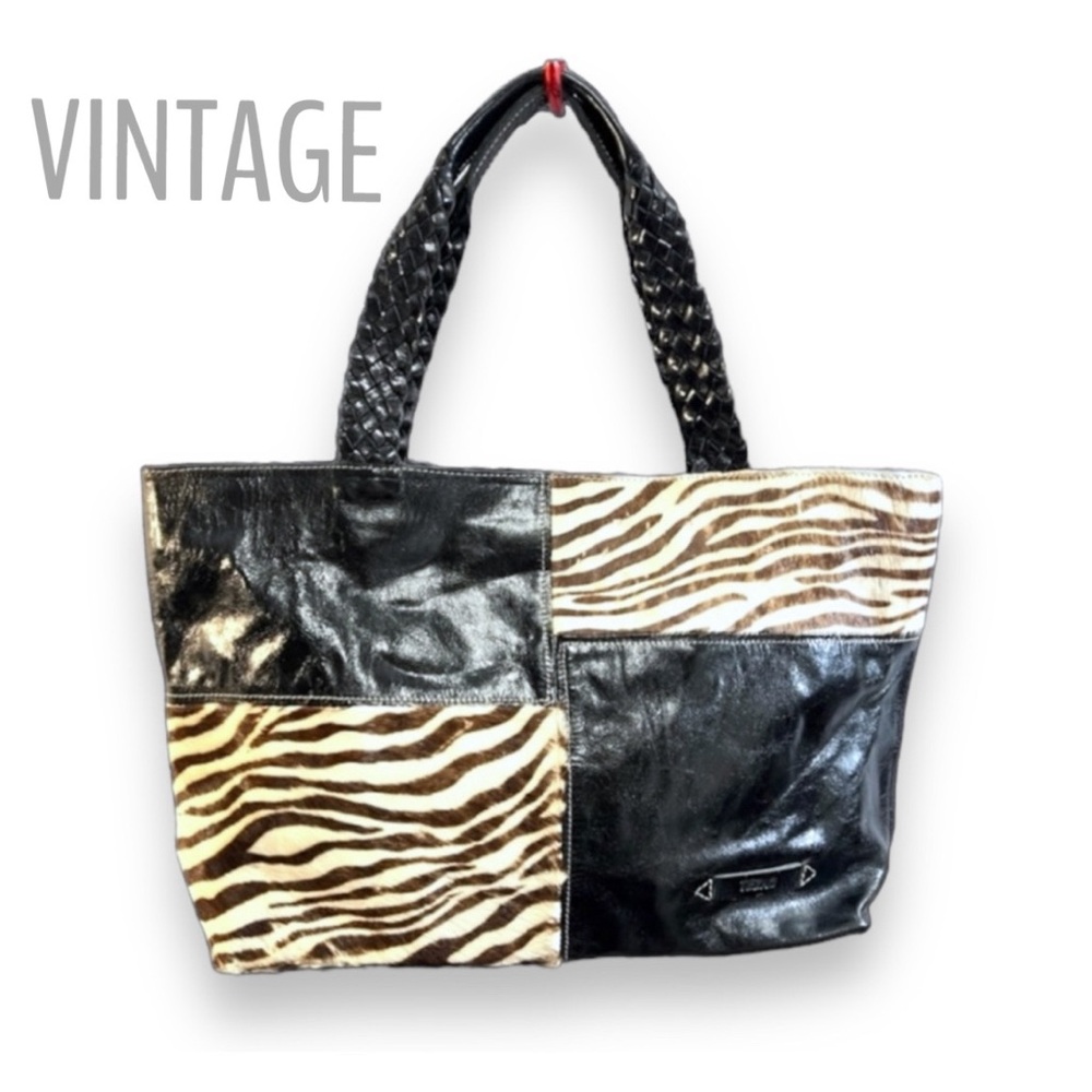 TEZARI Vintage Color block Zebra Fur Braided Handle Shoulder Bag